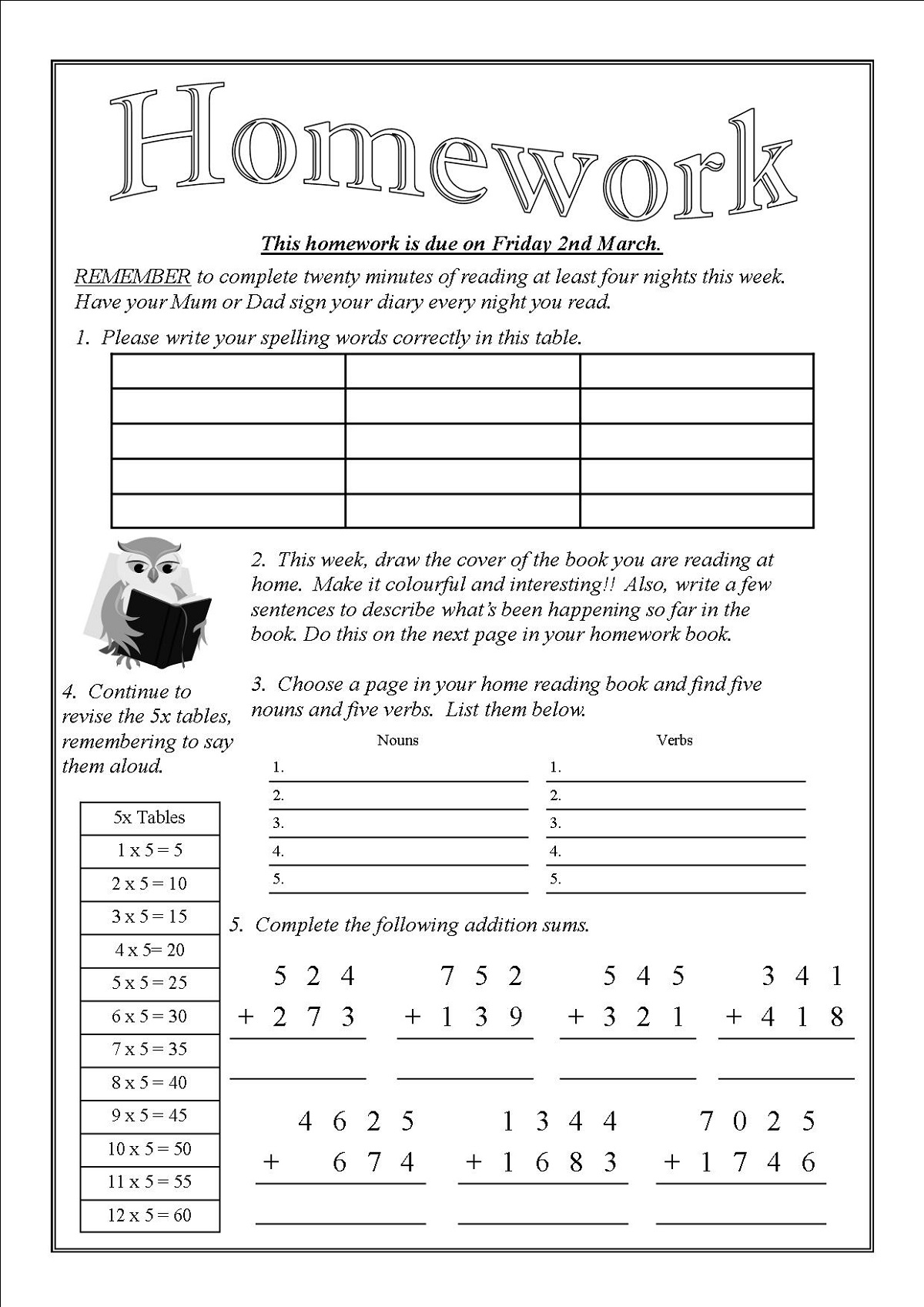 Homework Worksheets to Print | Learning Printable
