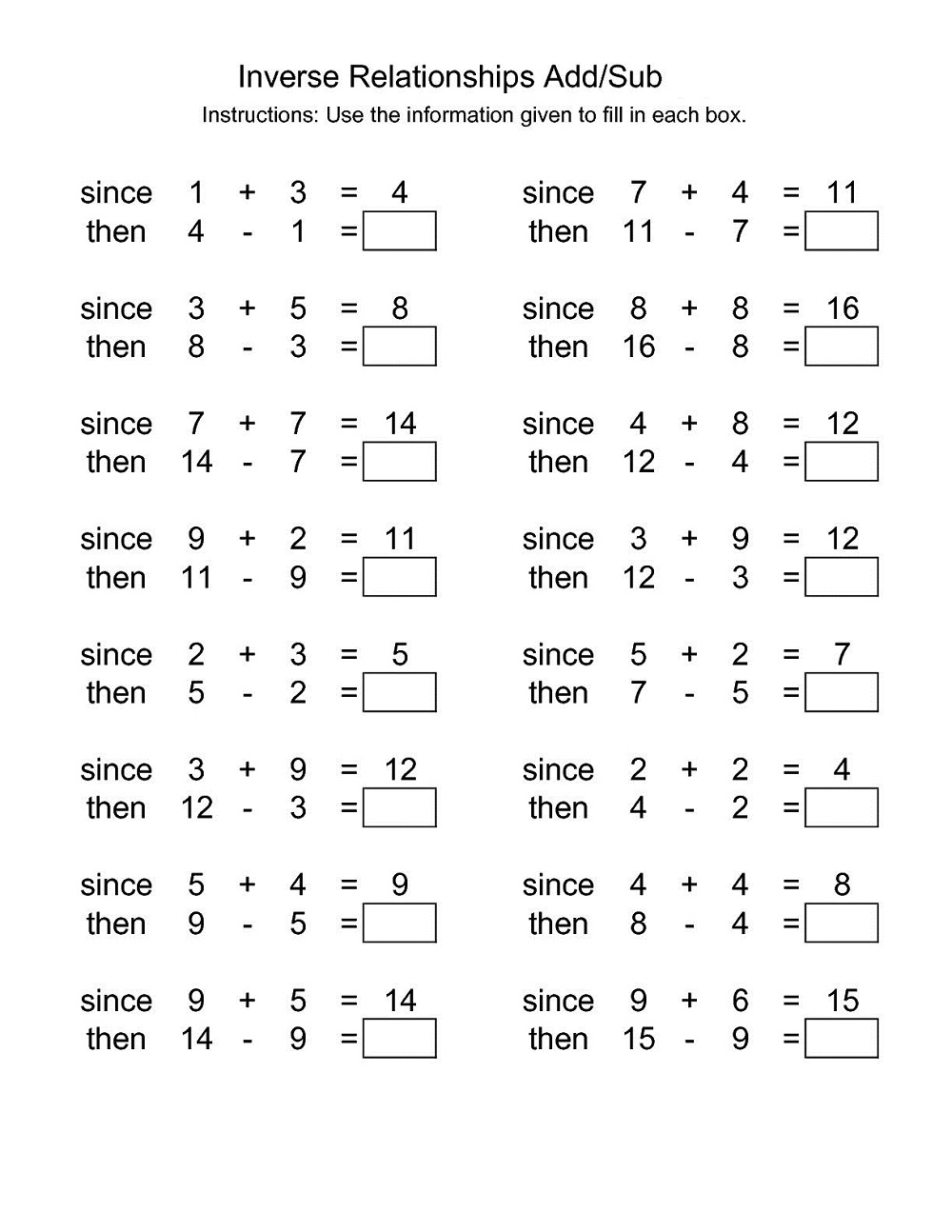 inverse additions and subtraction worksheets
