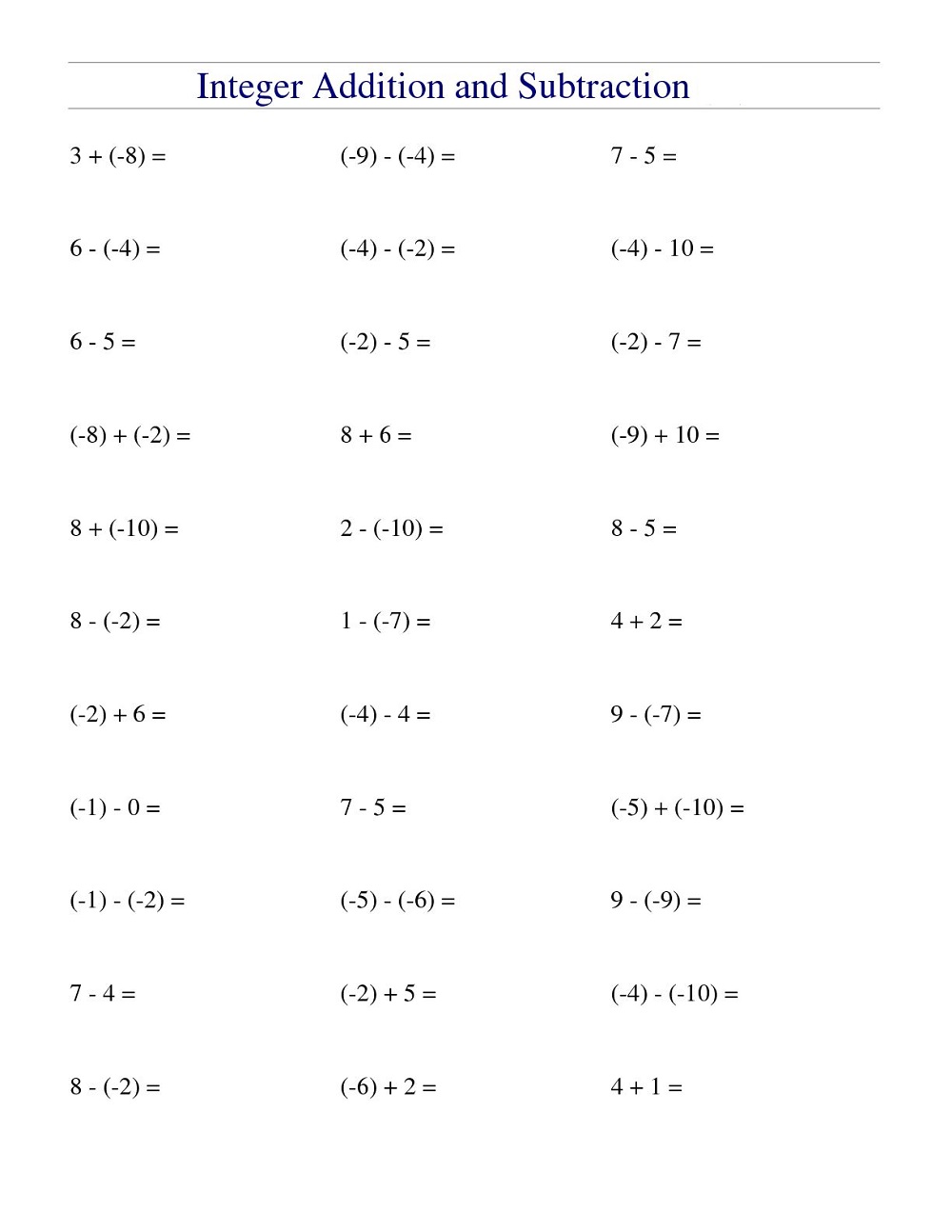 integer additions and subtraction worksheets