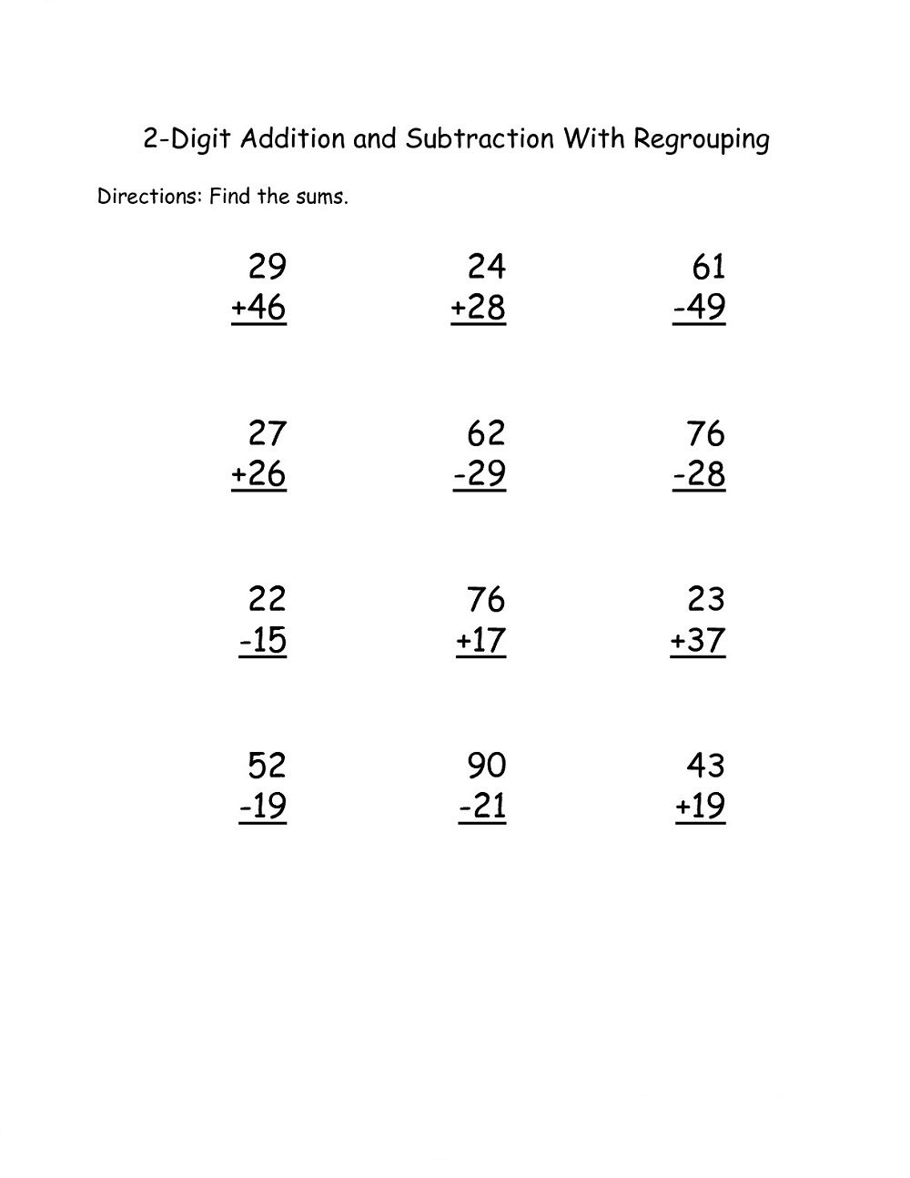 additions and subtraction worksheets 2 digits