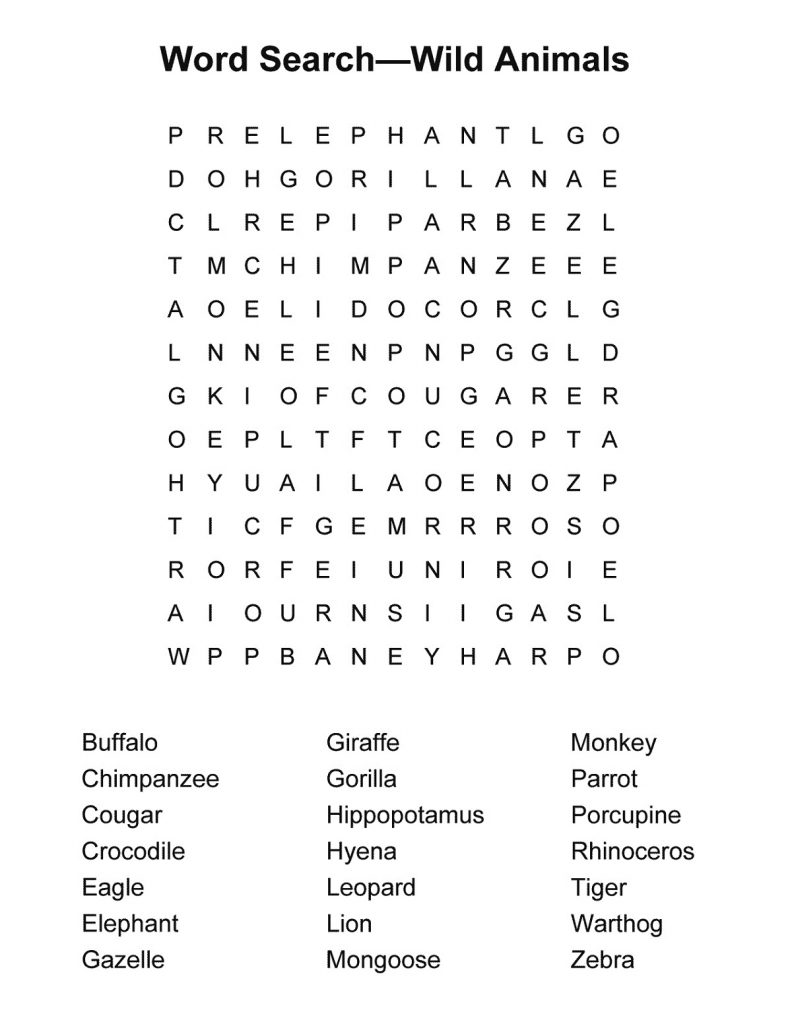 free elementary word search animals