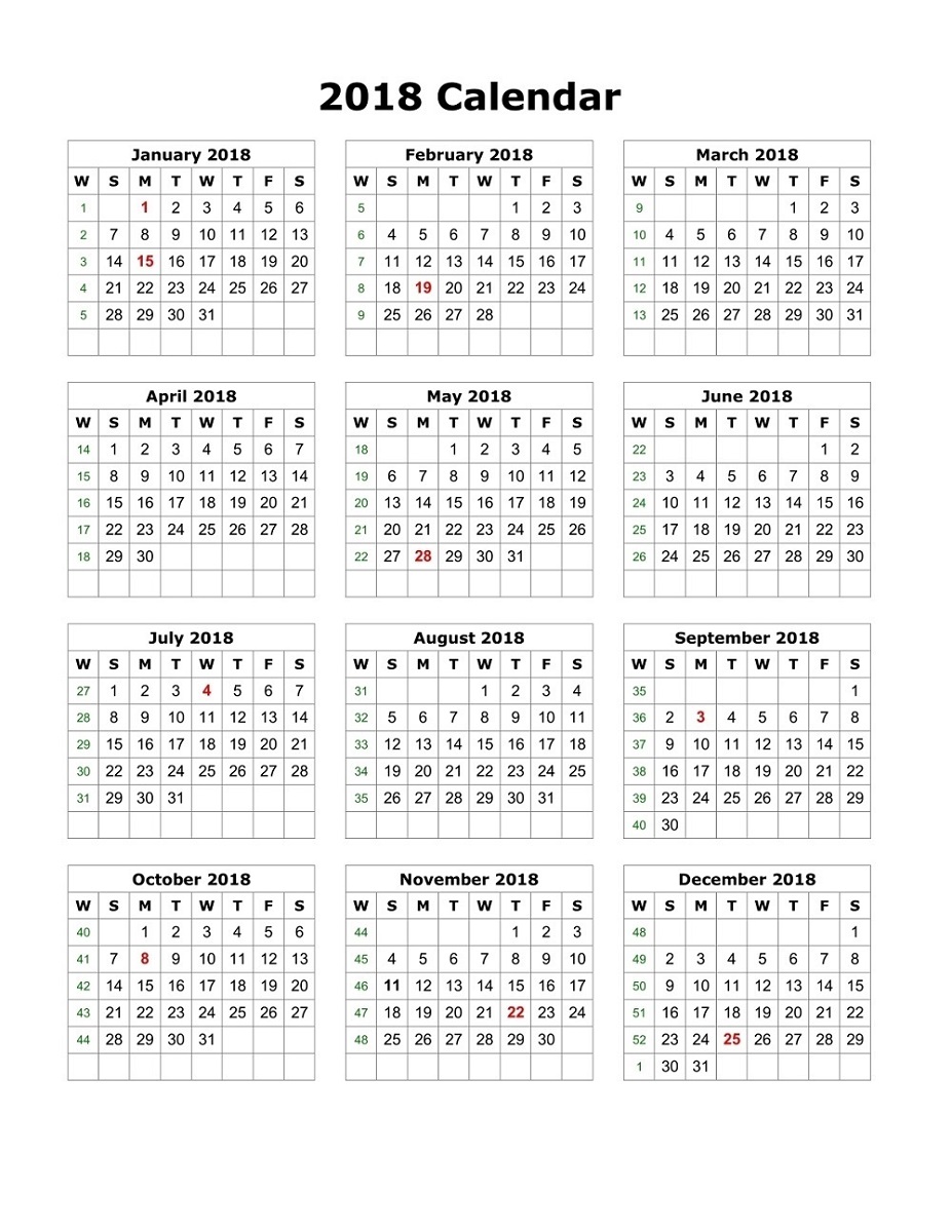 2018 1 page calendar blank