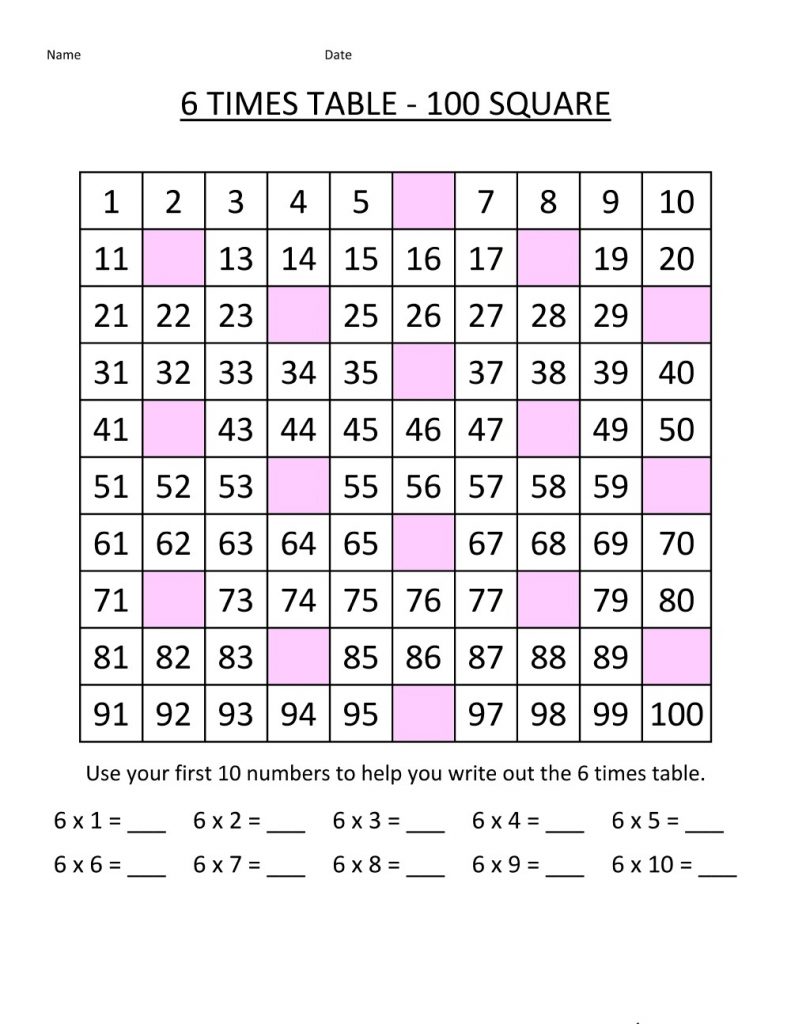 6 times table sheet for kids