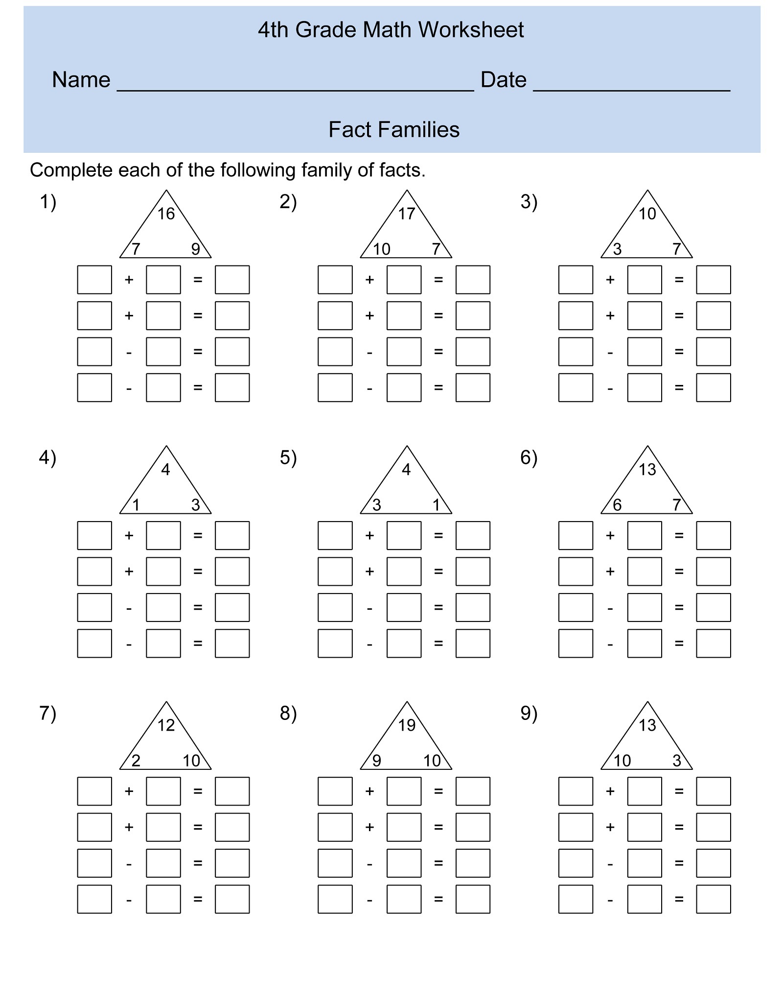 fact family worksheets free 4th Grade