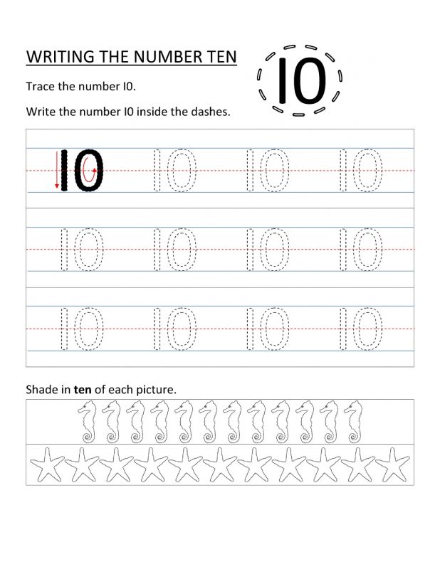 learning the number 10 for kids, tracing counting and coloring number ten  worksheet.