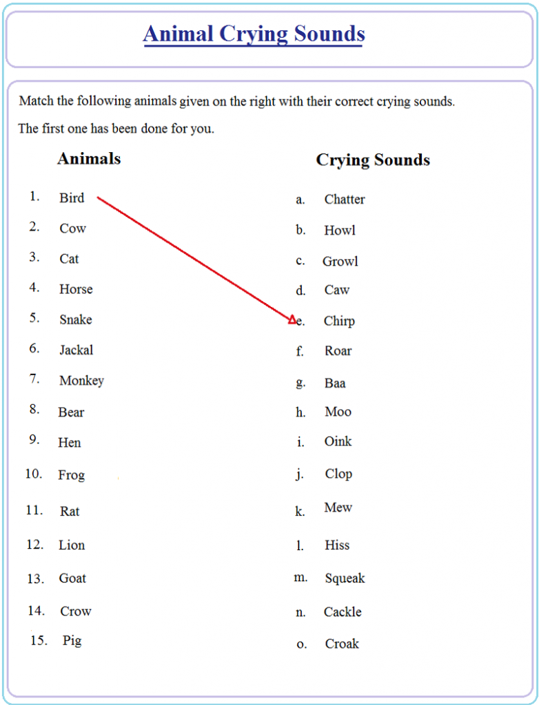printable worksheets grade 1 animal crying sounds