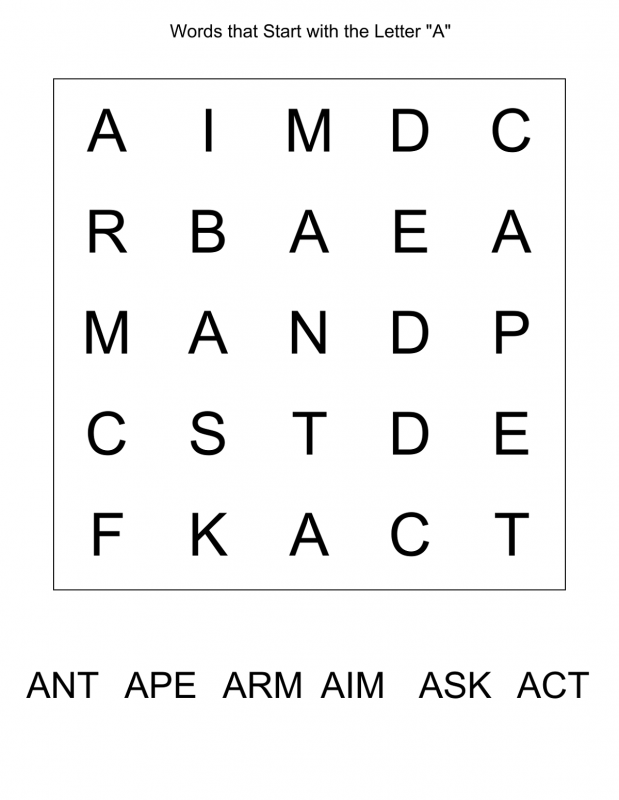 wordsearch for kindergarten start with A