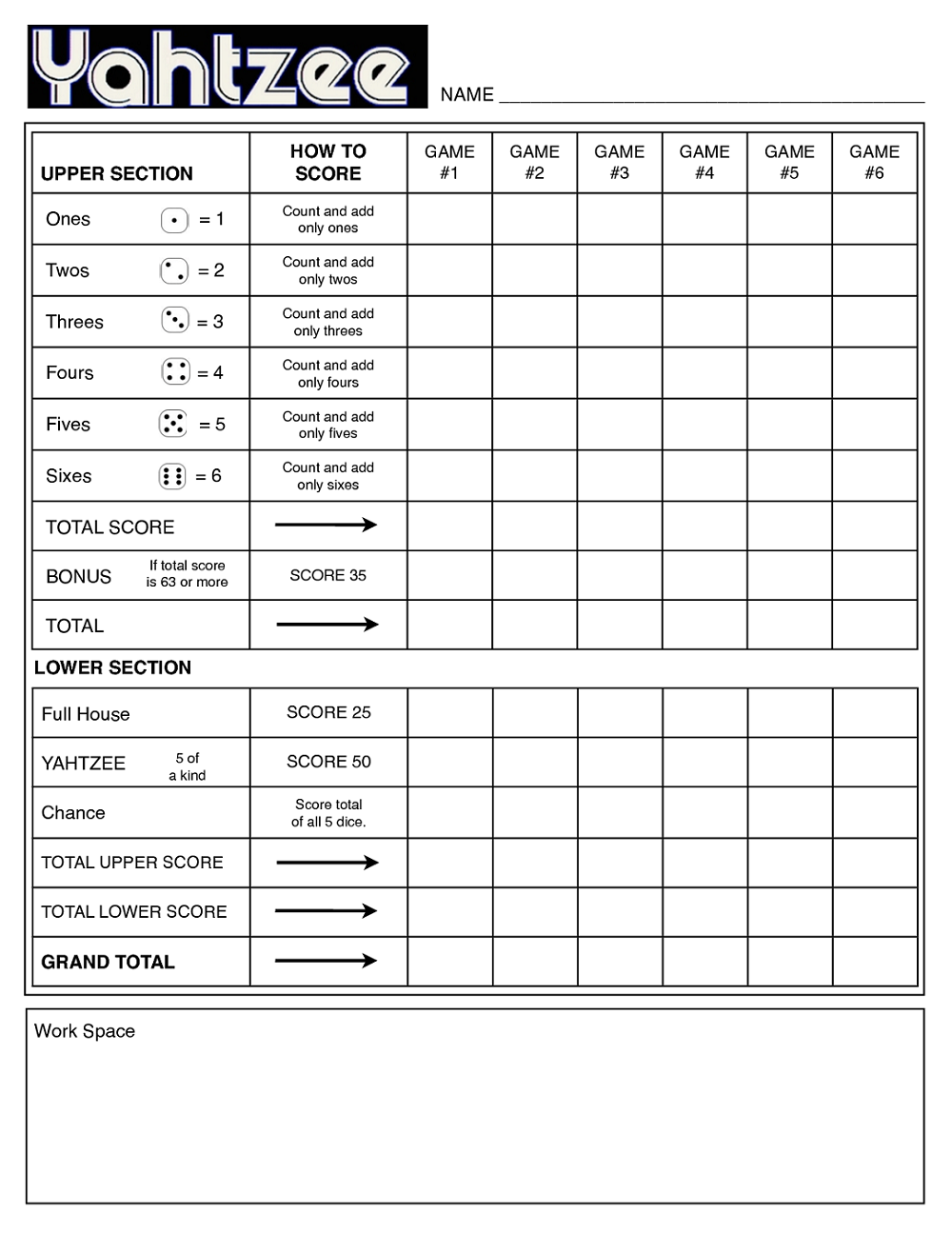 Yahtzee Sheets Printable