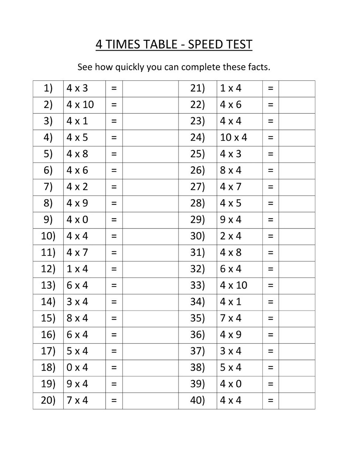 times table exercise basic speed test