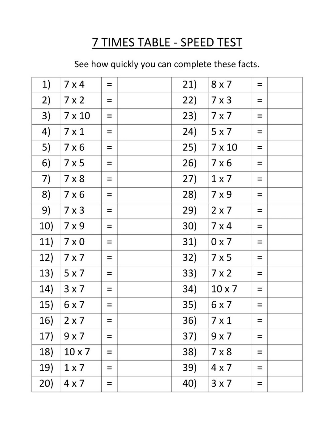 times tables exercises to print page