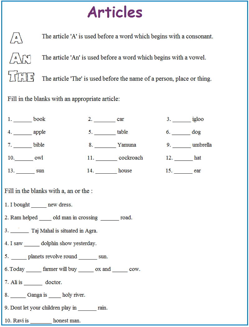 A and An Worksheets Free Printable 1st