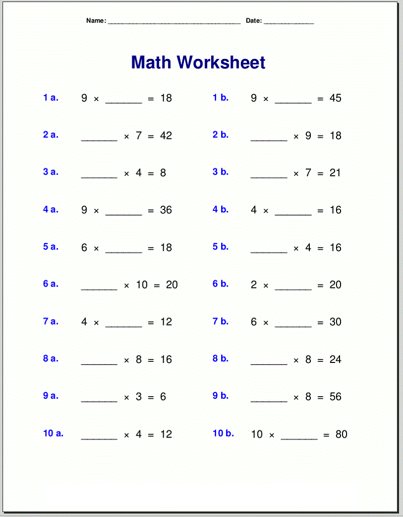 Missing Number Multiplication Worksheet. image via 
