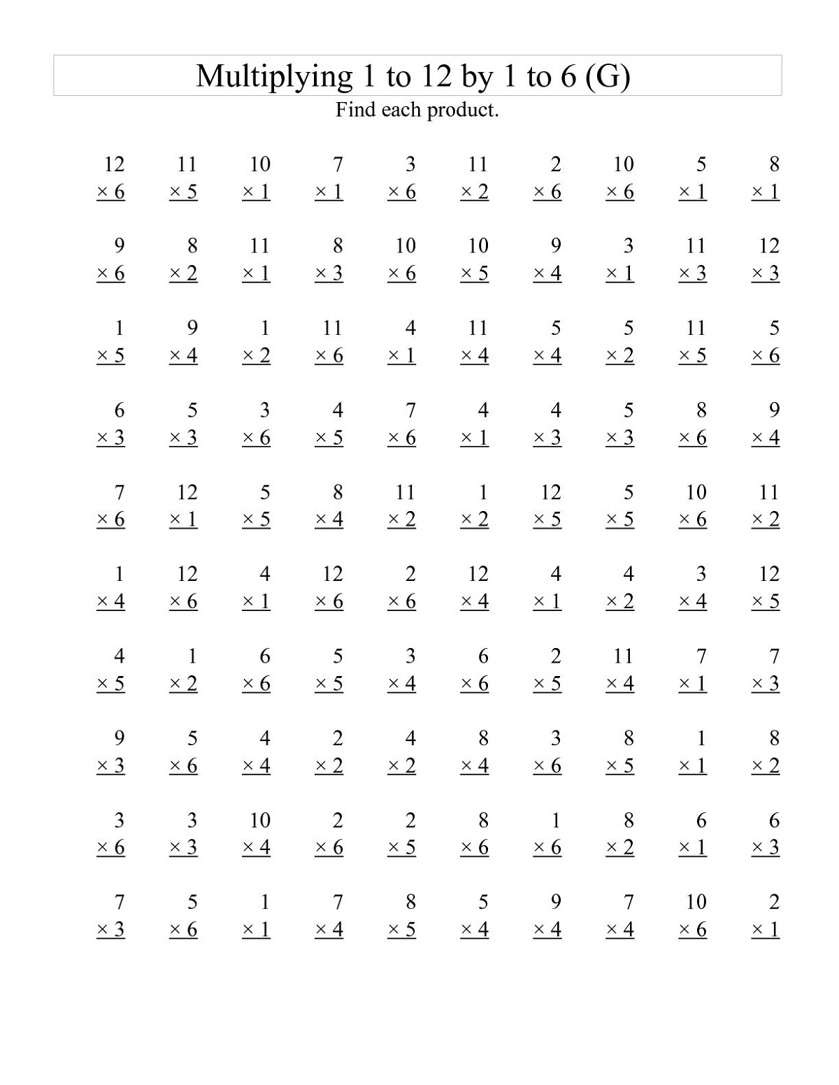 Multiplication Worksheet for Primary School
