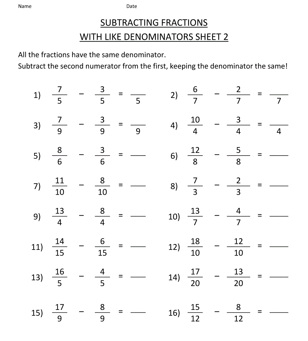 Substract Fraction Worksheets