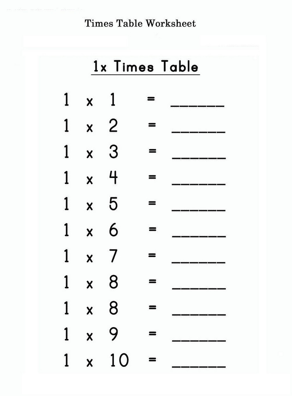 time tables worksheet easy