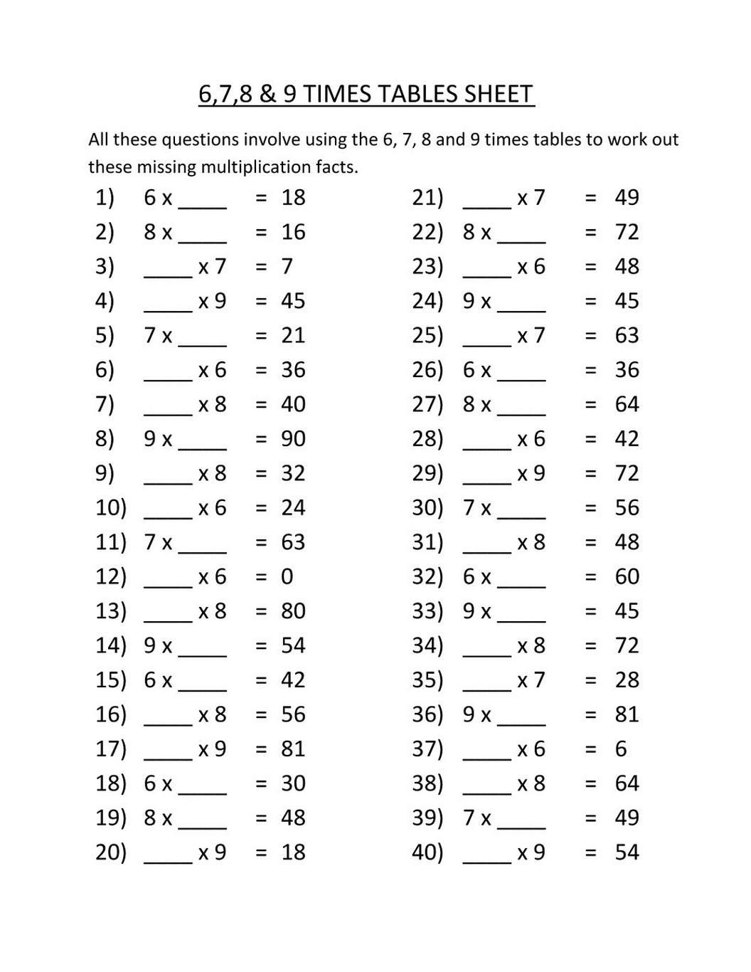 Time Tables Worksheet Learning Printable