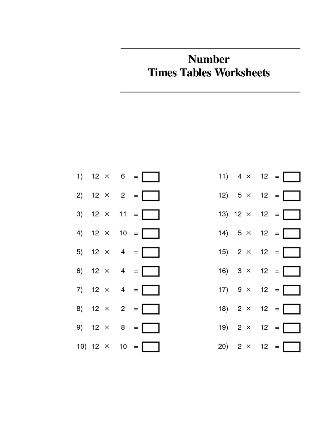 times tables practice sheets printable 12