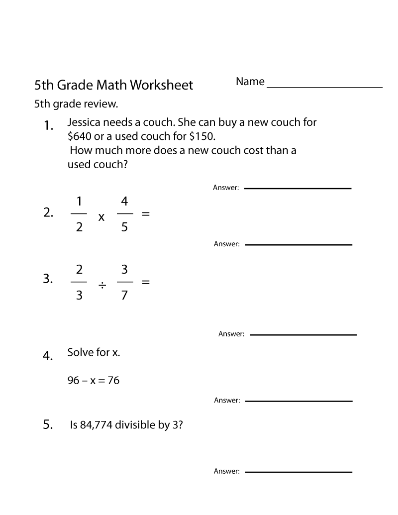 5th Grade Math Worksheets Printable Free