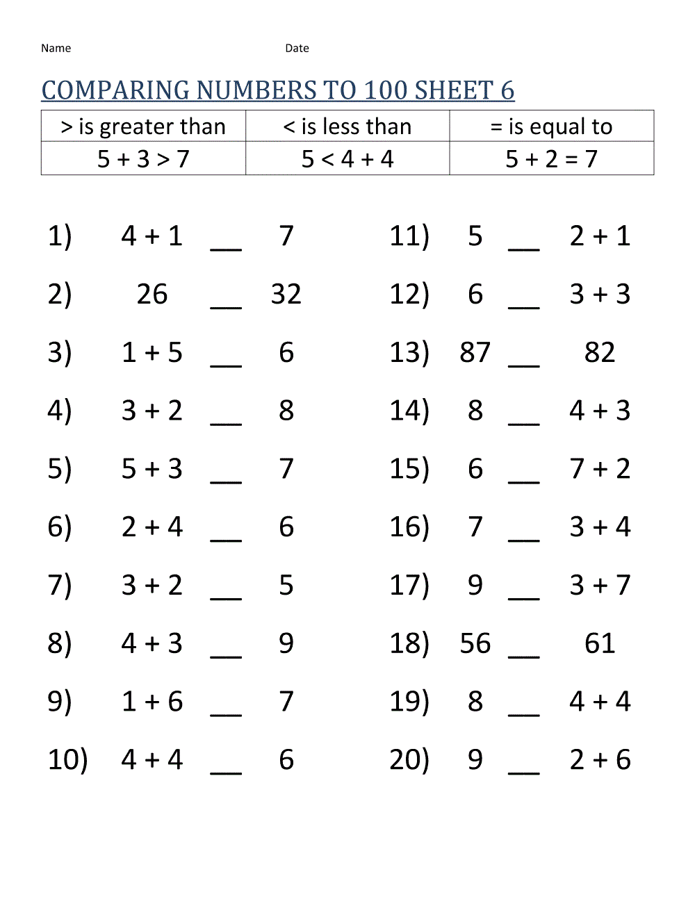 First Grade Math Worksheets Comparing