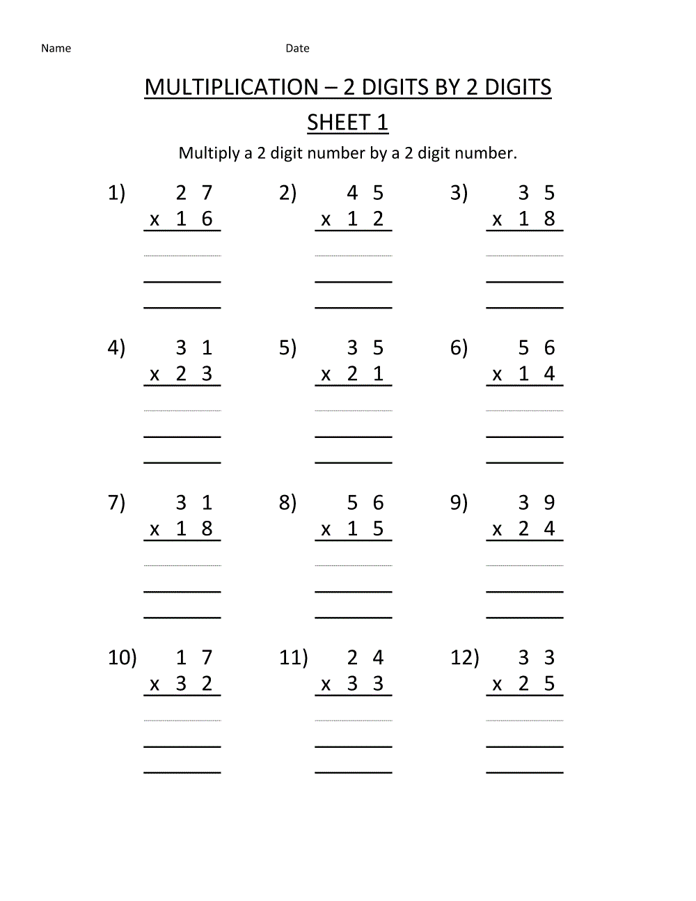 Fourth Grade Math Worksheets Multiplication