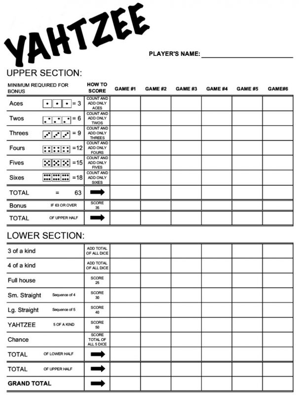 yahtzee template learning printable