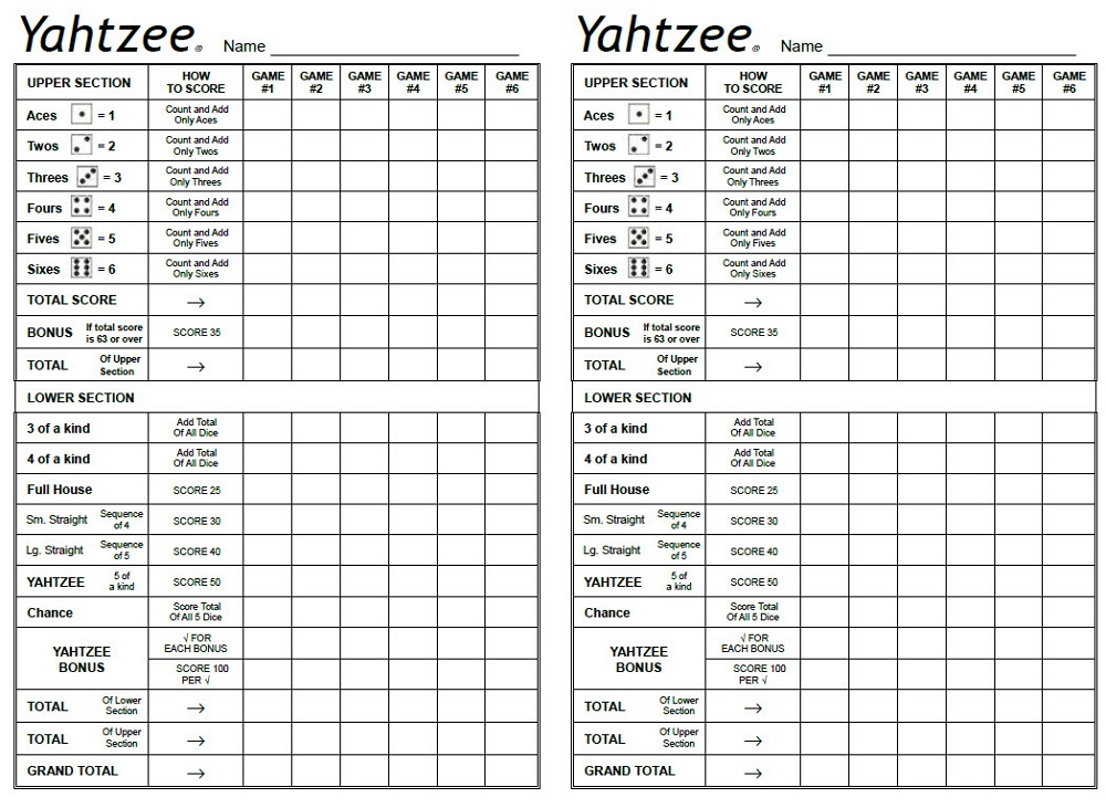 Printable Yahtzee