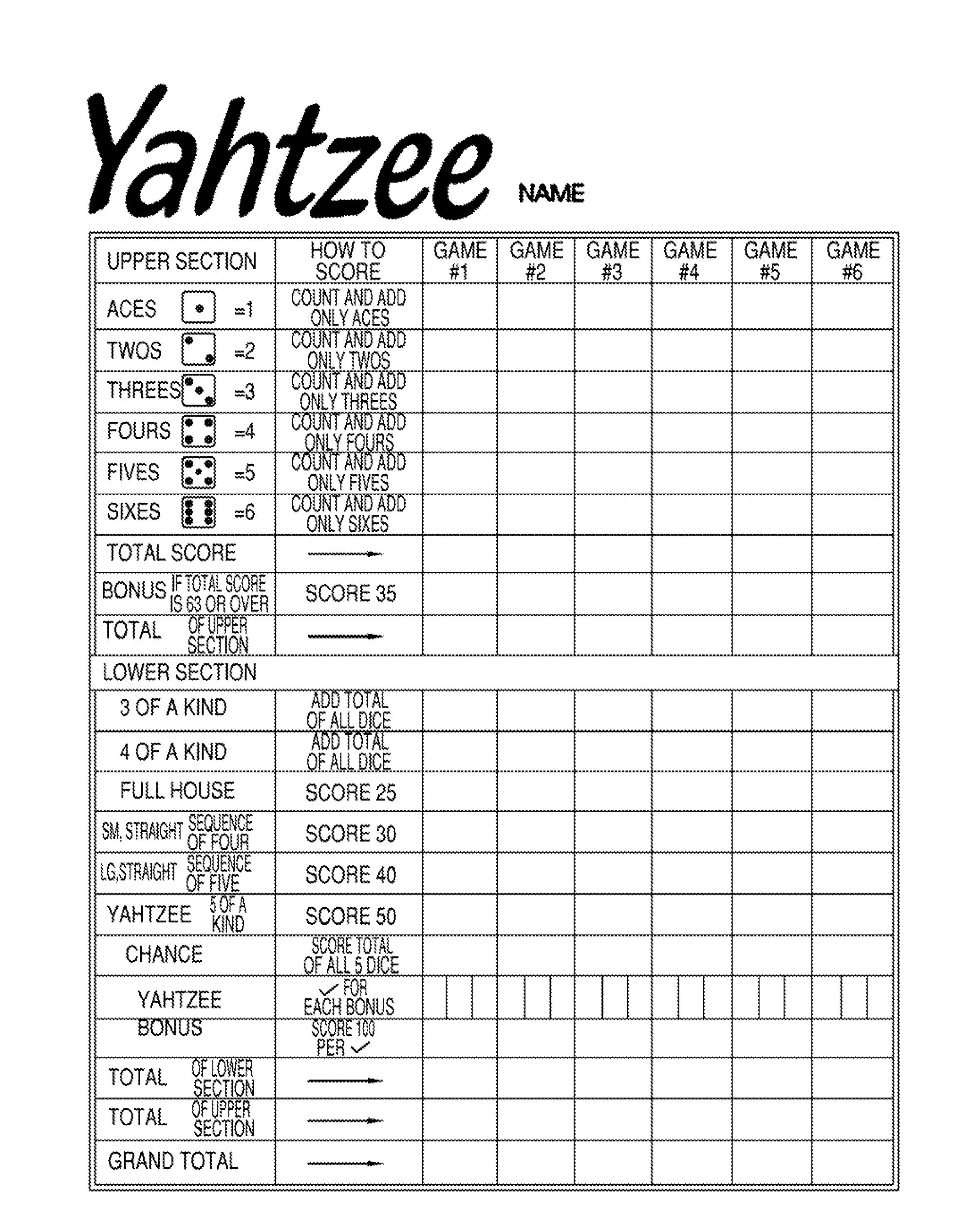 Yahtzee Template printable