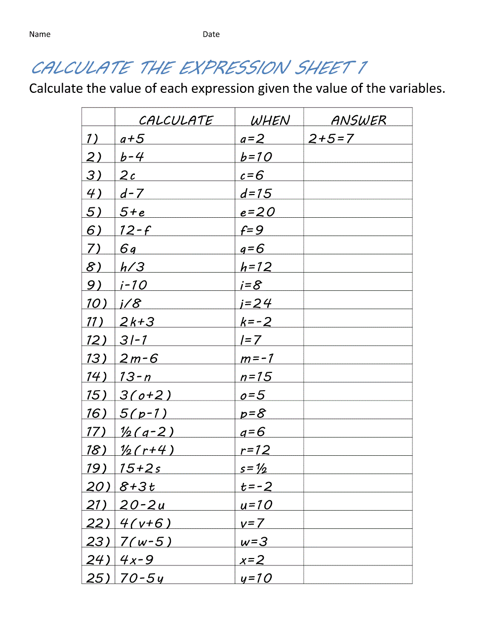 Basic Math Worksheets Calculate