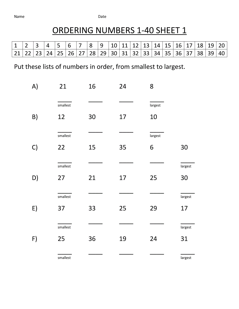 Basic Math Worksheets Number