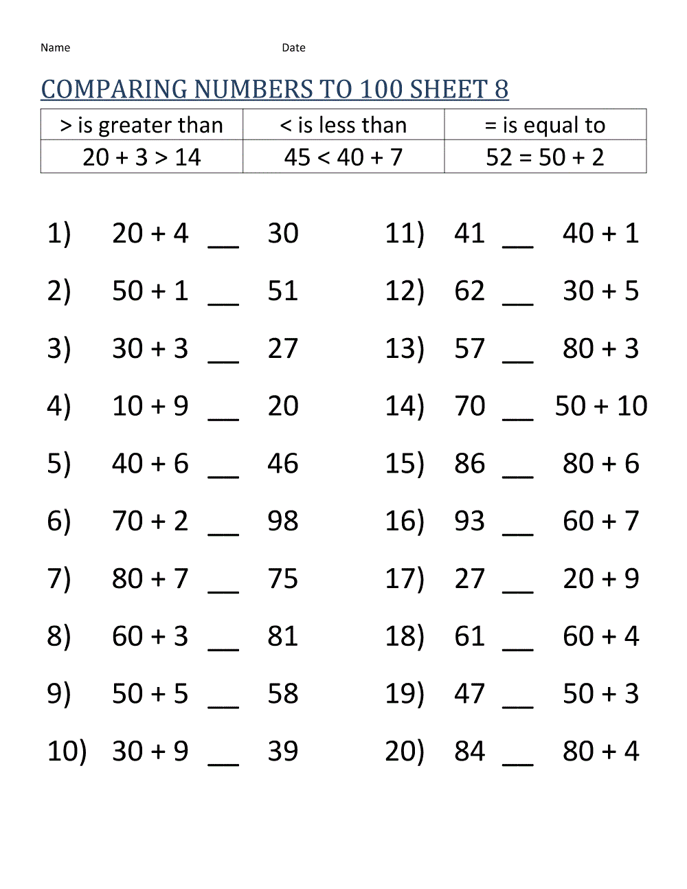Grade 8 Math Worksheets Printable Comparing