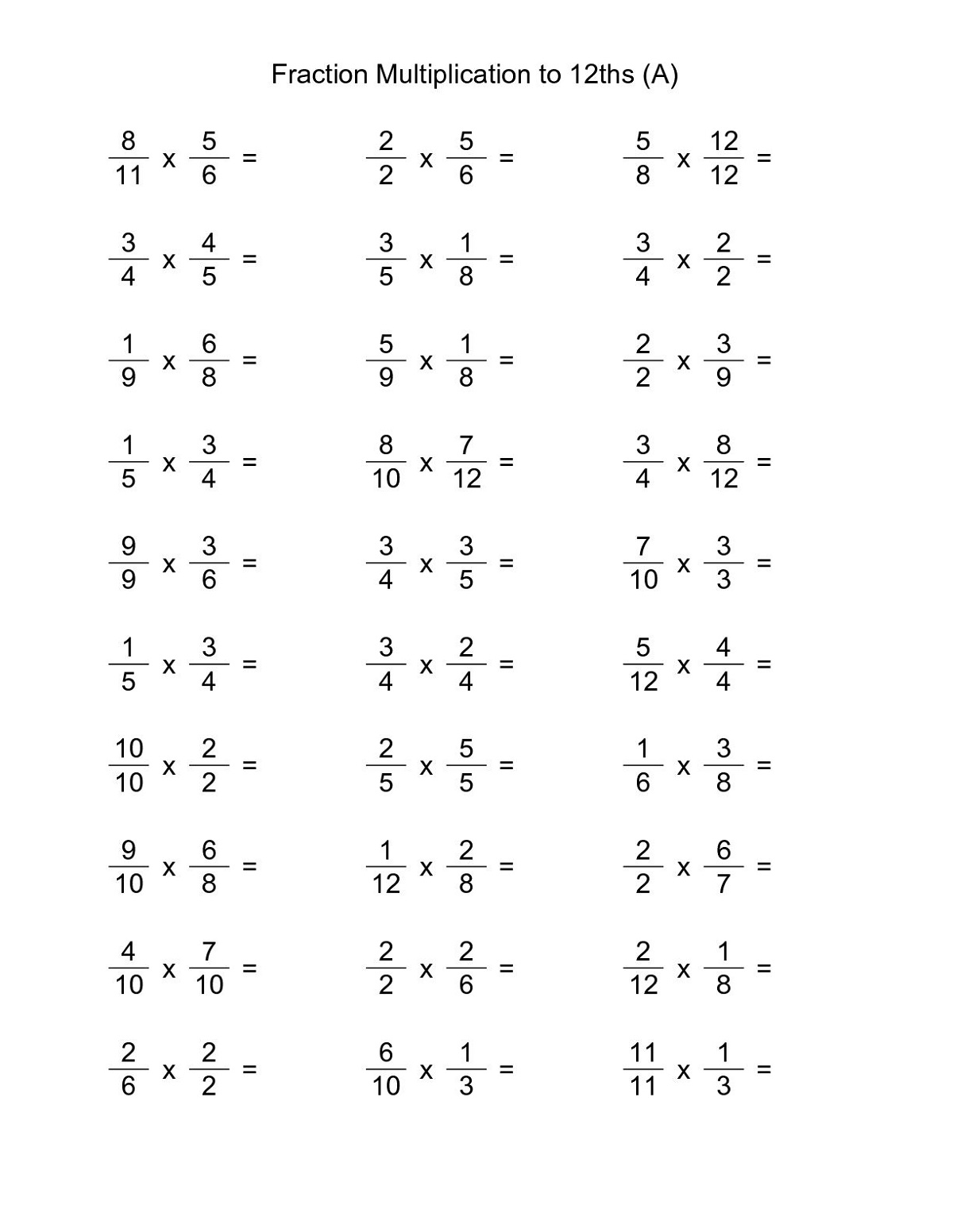 Math Facts Worksheets Fraction