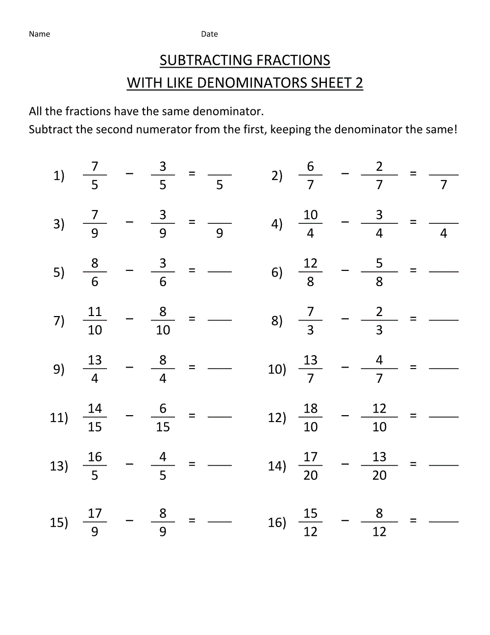 Math Fractions Worksheets Subtraction