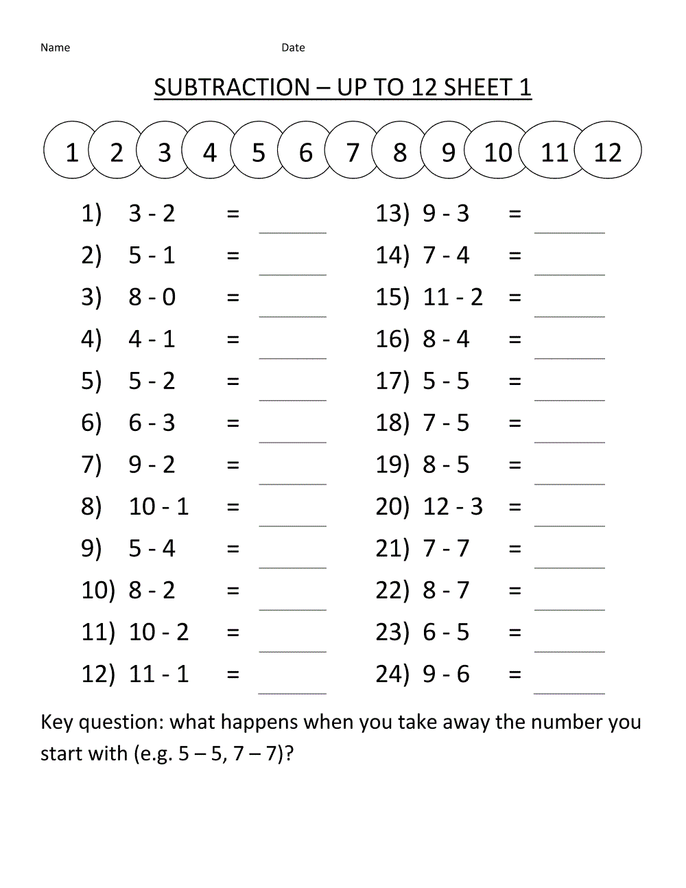 Free Math Worksheets for Grade 1 Subtraction