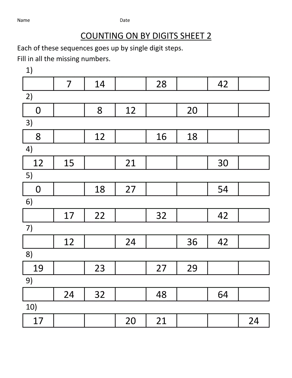 Math Practice Sheets Counting
