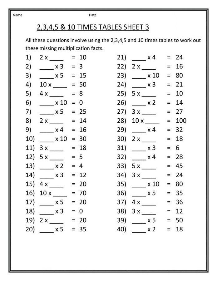 times table practice sheets for children