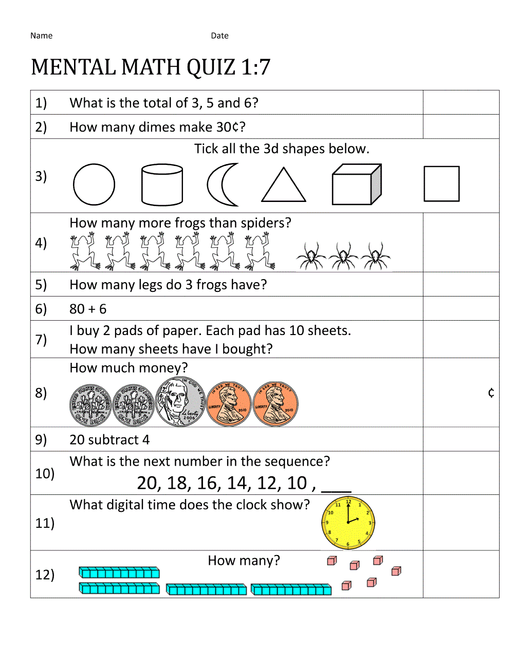 Grade One Math Worksheets Mental