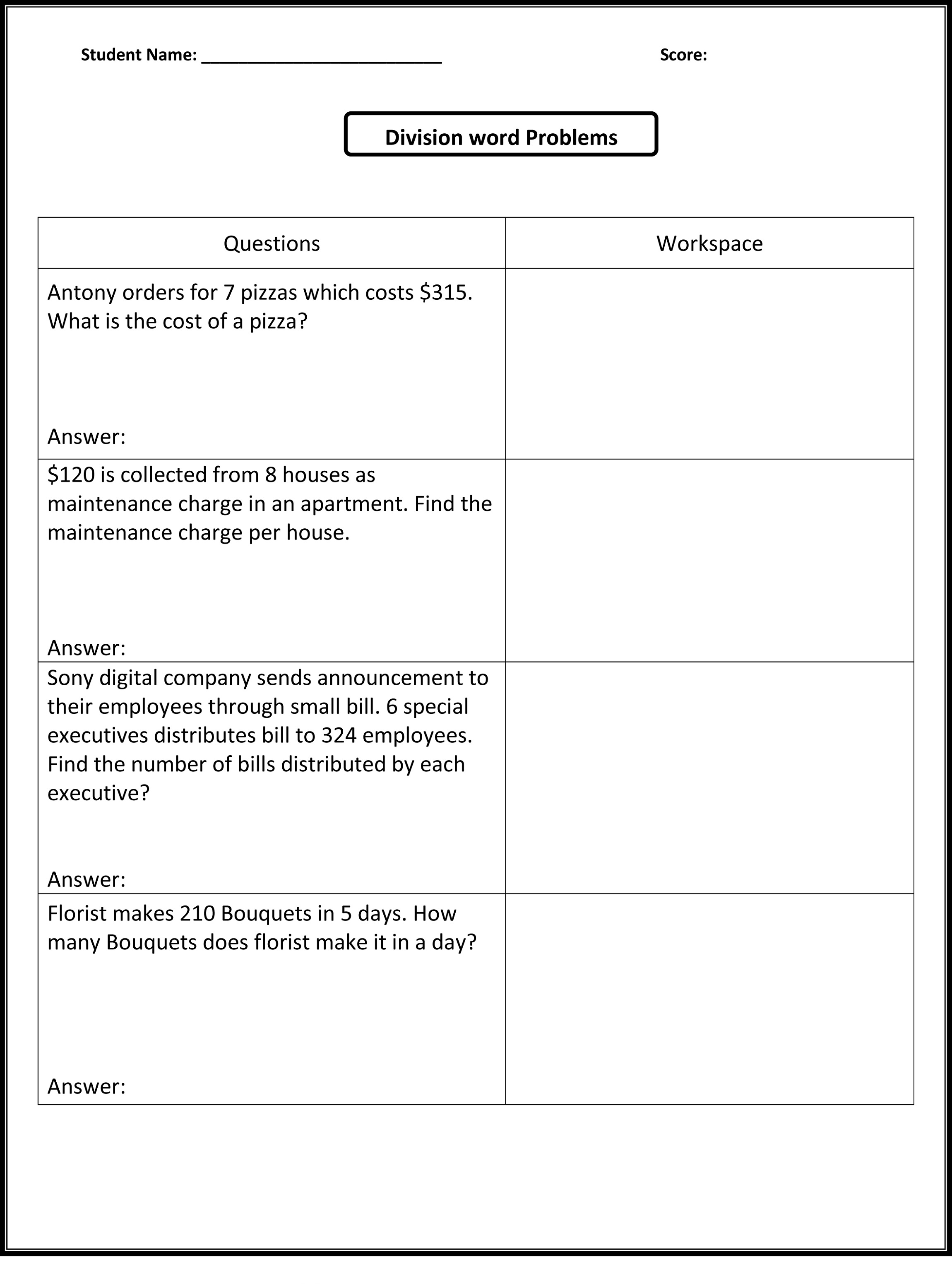 Math Word Problems Worksheets 5th Grade