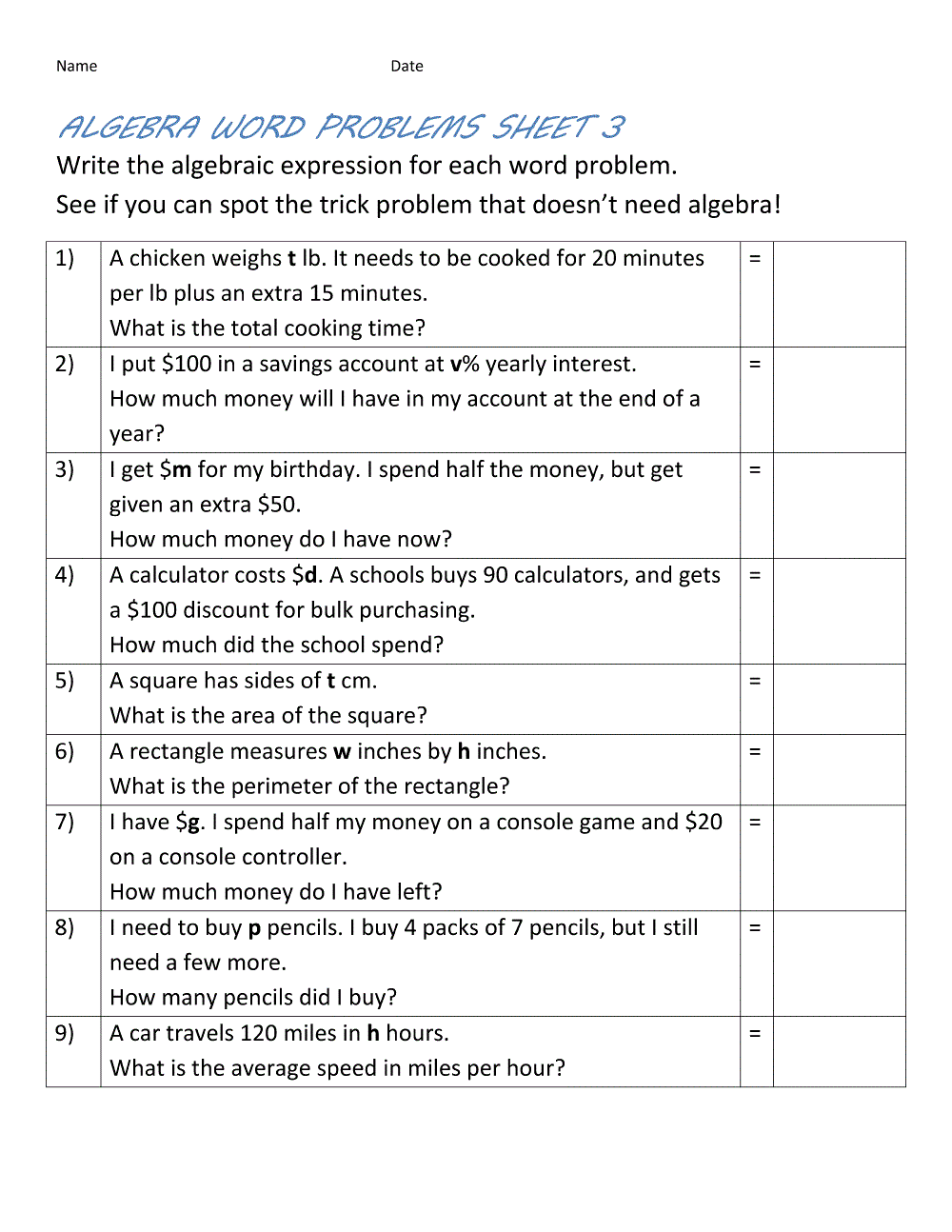 Math Word Problems Worksheets Printable
