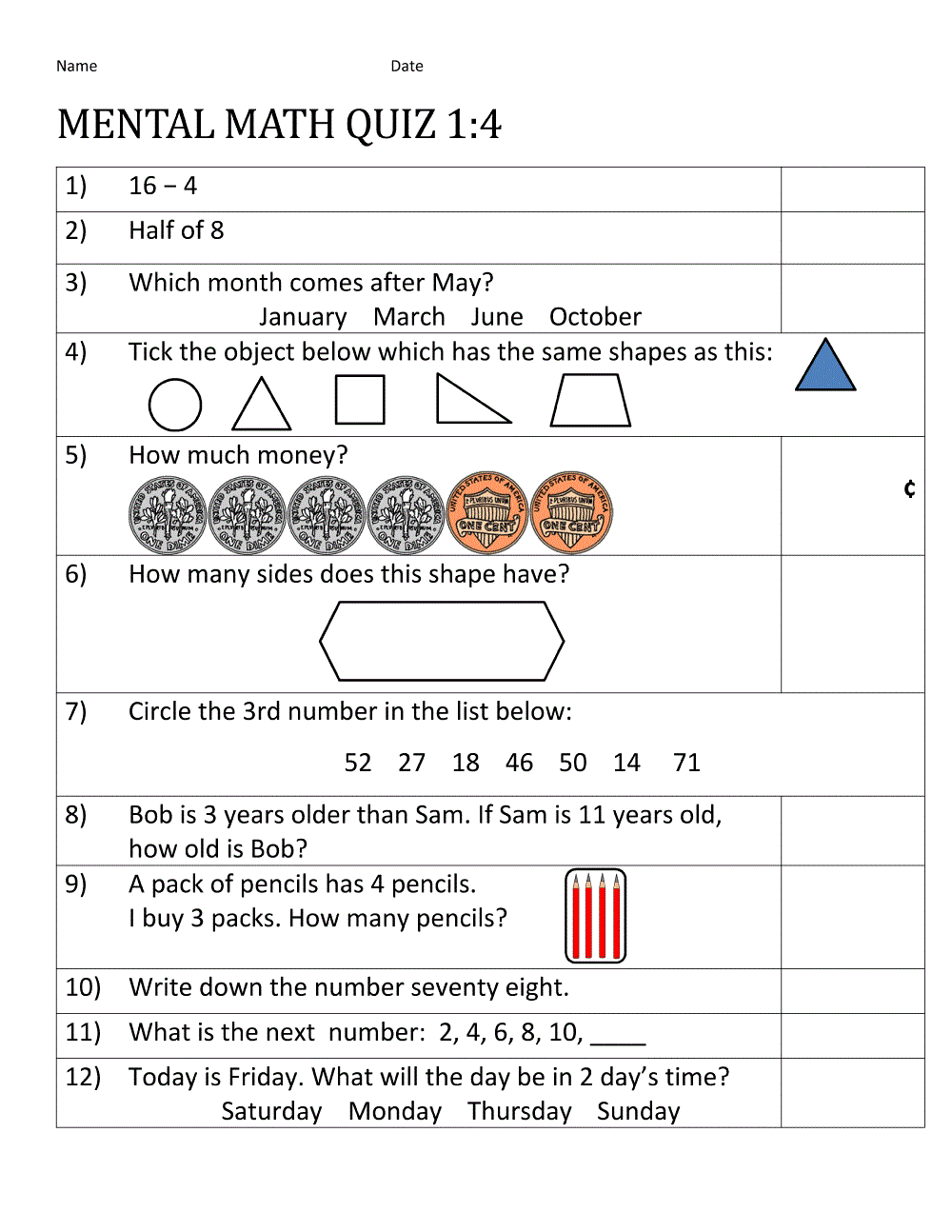 Mental Maths Worksheets 1st