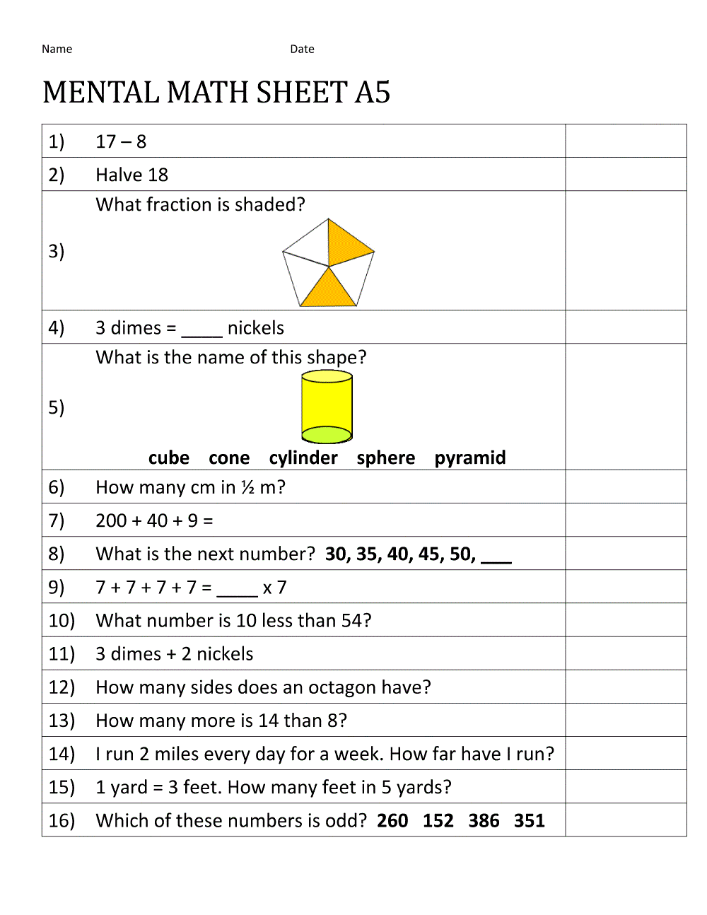 Mental Maths Worksheets 2nd
