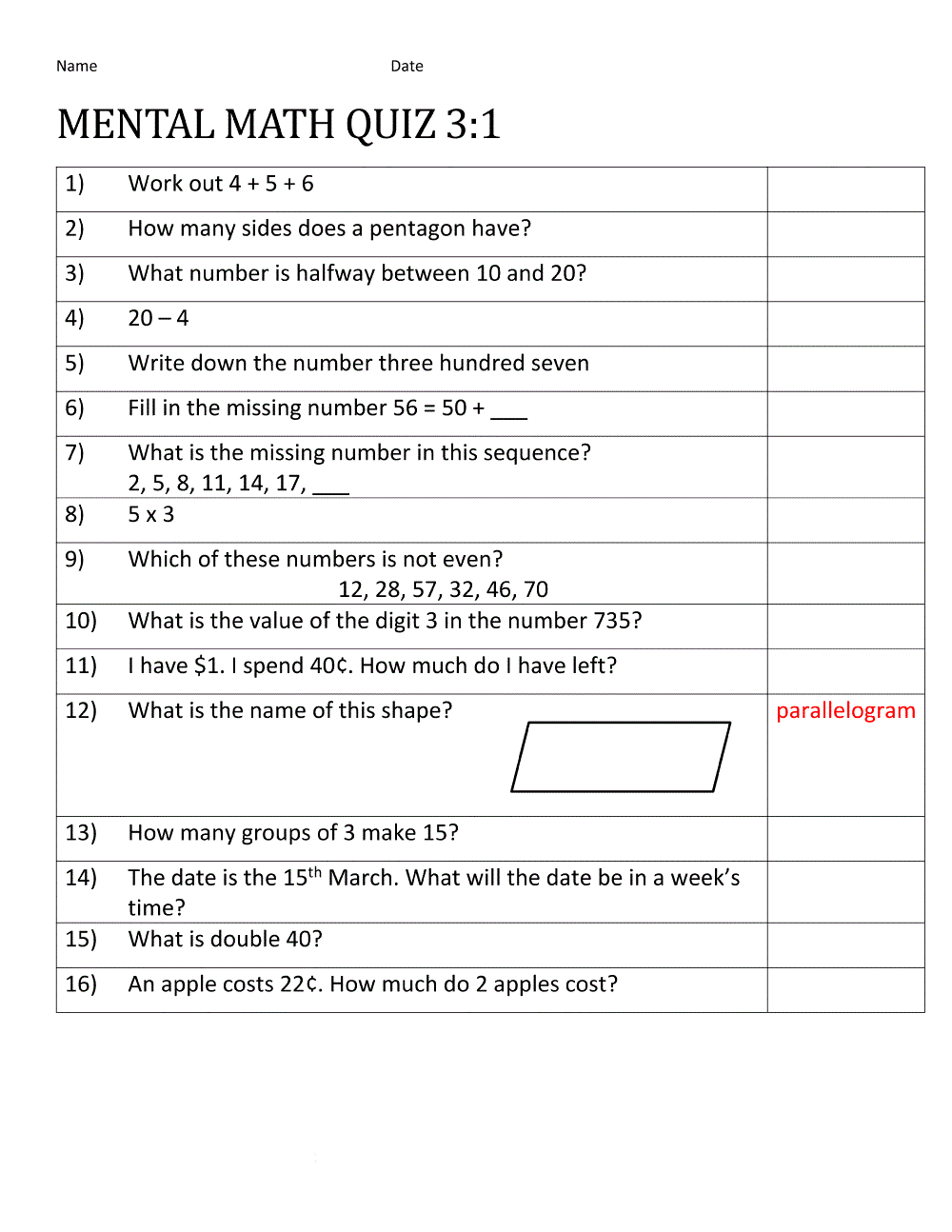 Mental Maths Worksheets 3rd