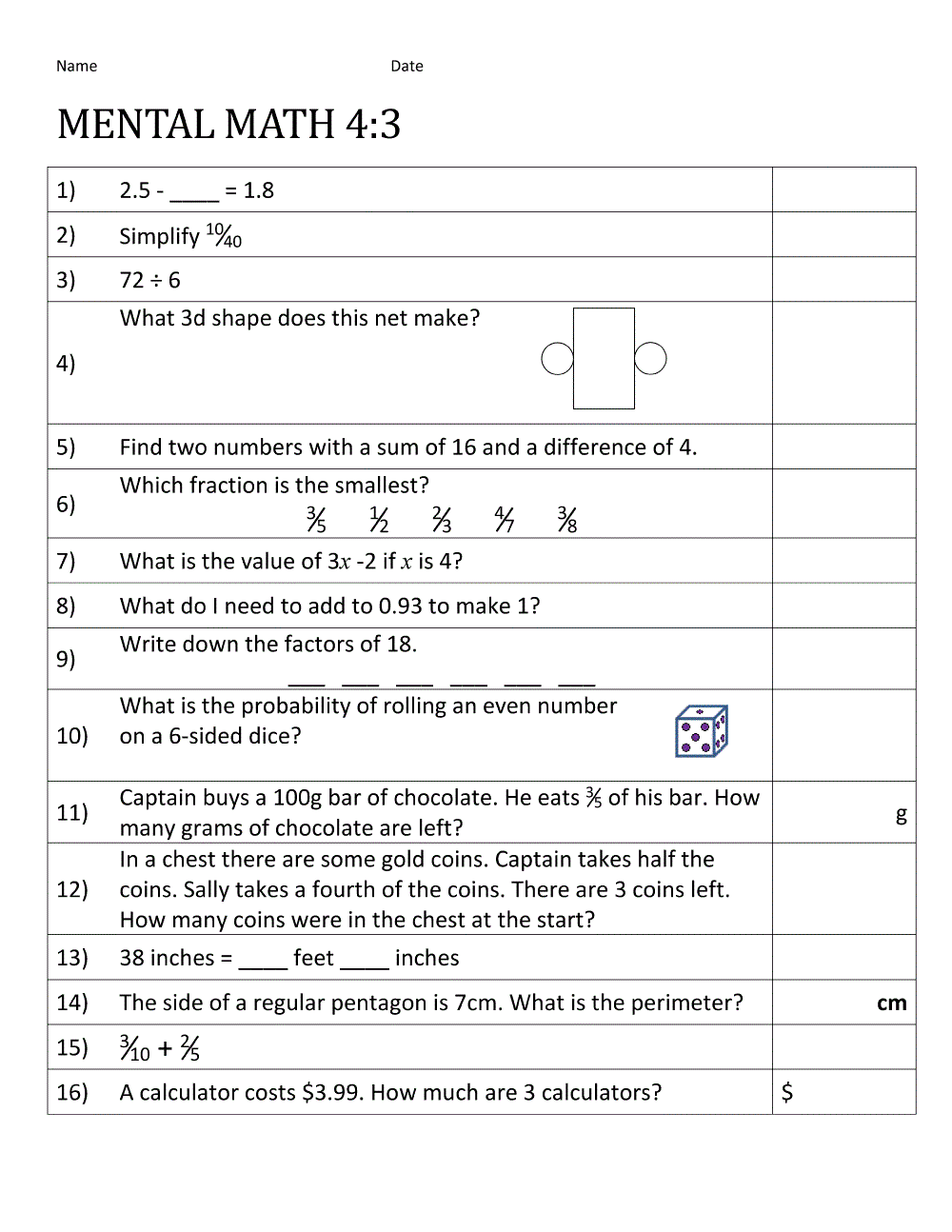 Mental Maths Worksheets 4th