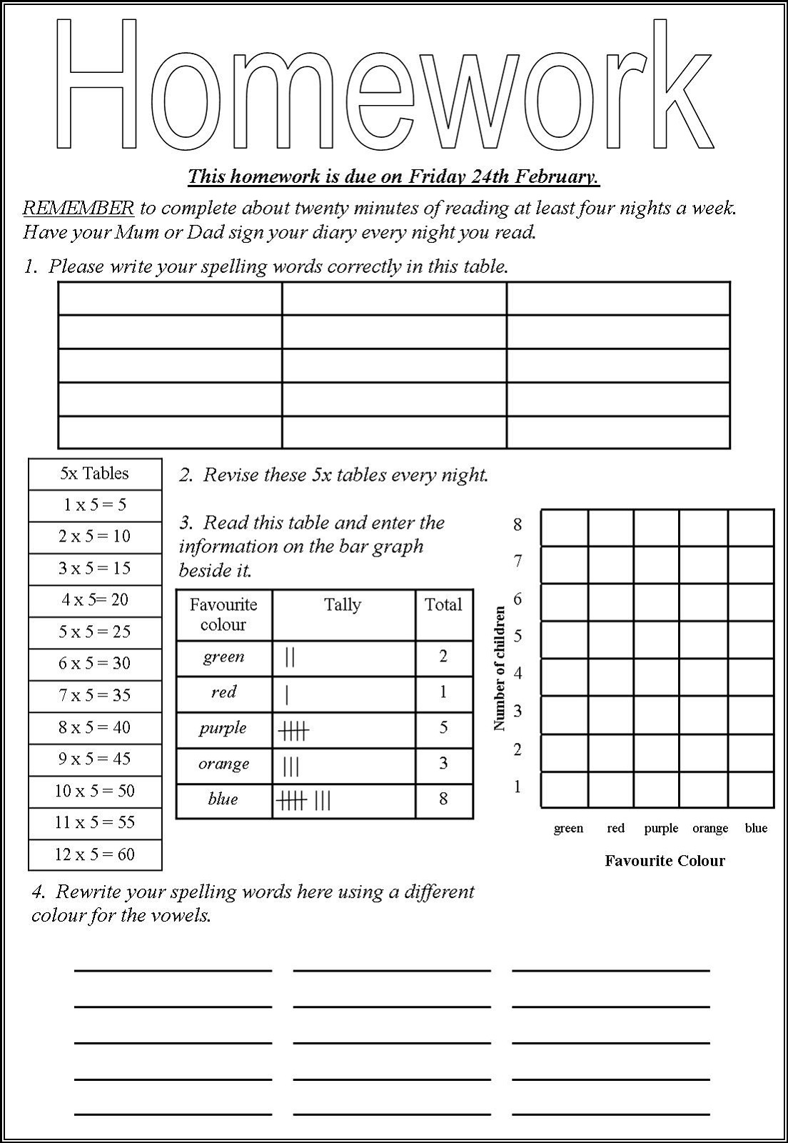 Year 4 Homework Sheets Printable