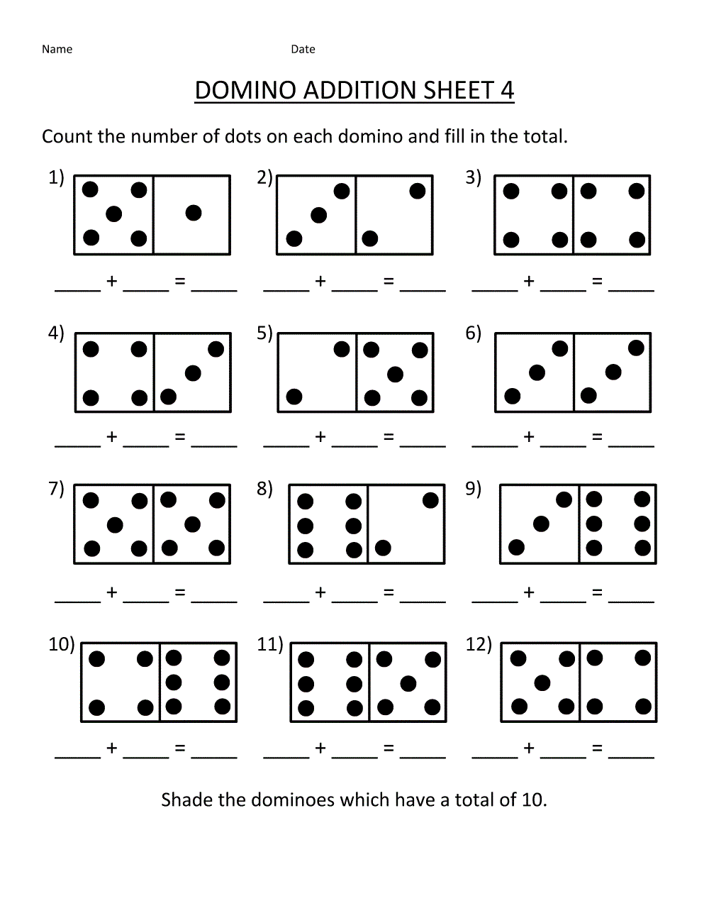 Math Activity Worksheets Domino