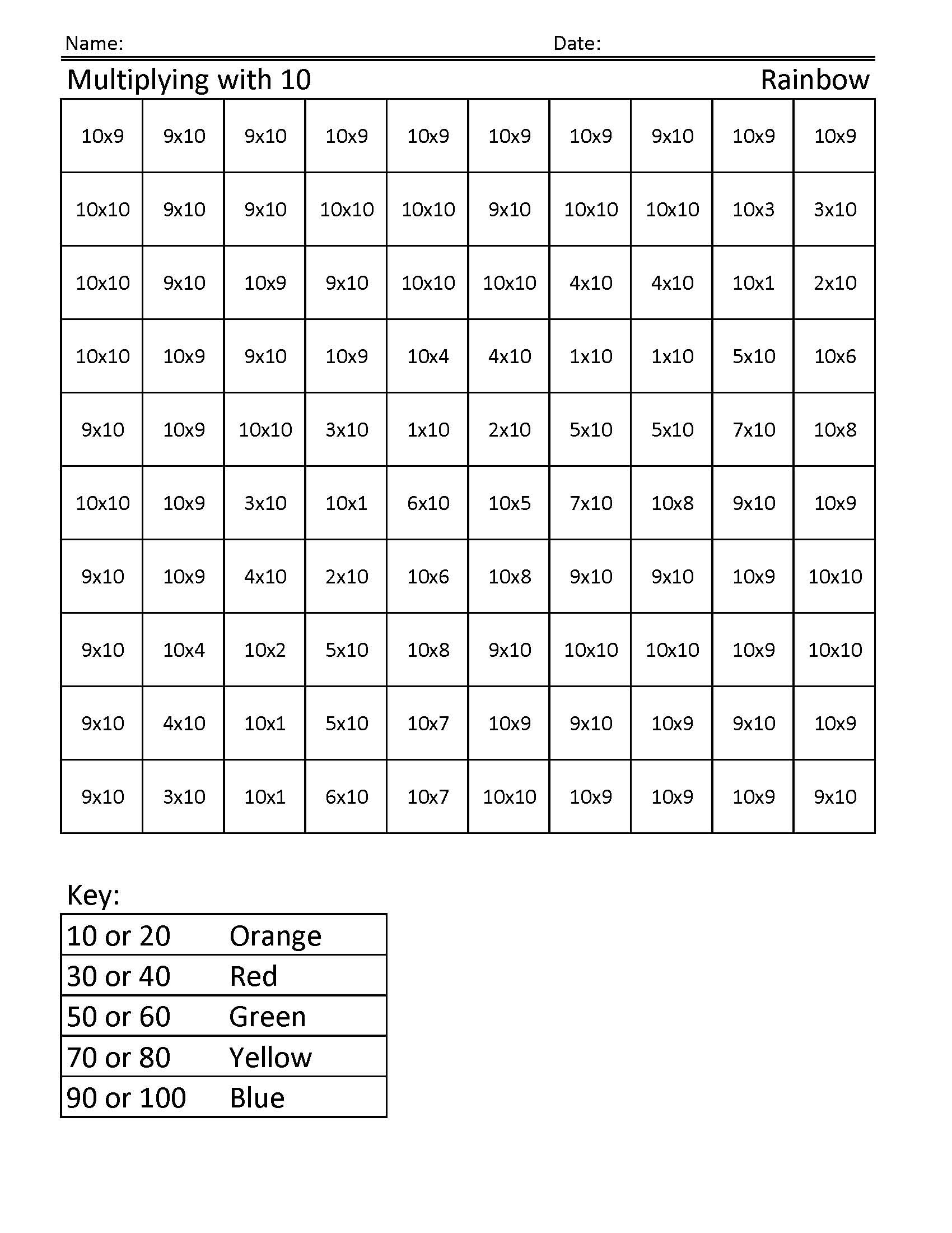 Times Tables Worksheets Colour