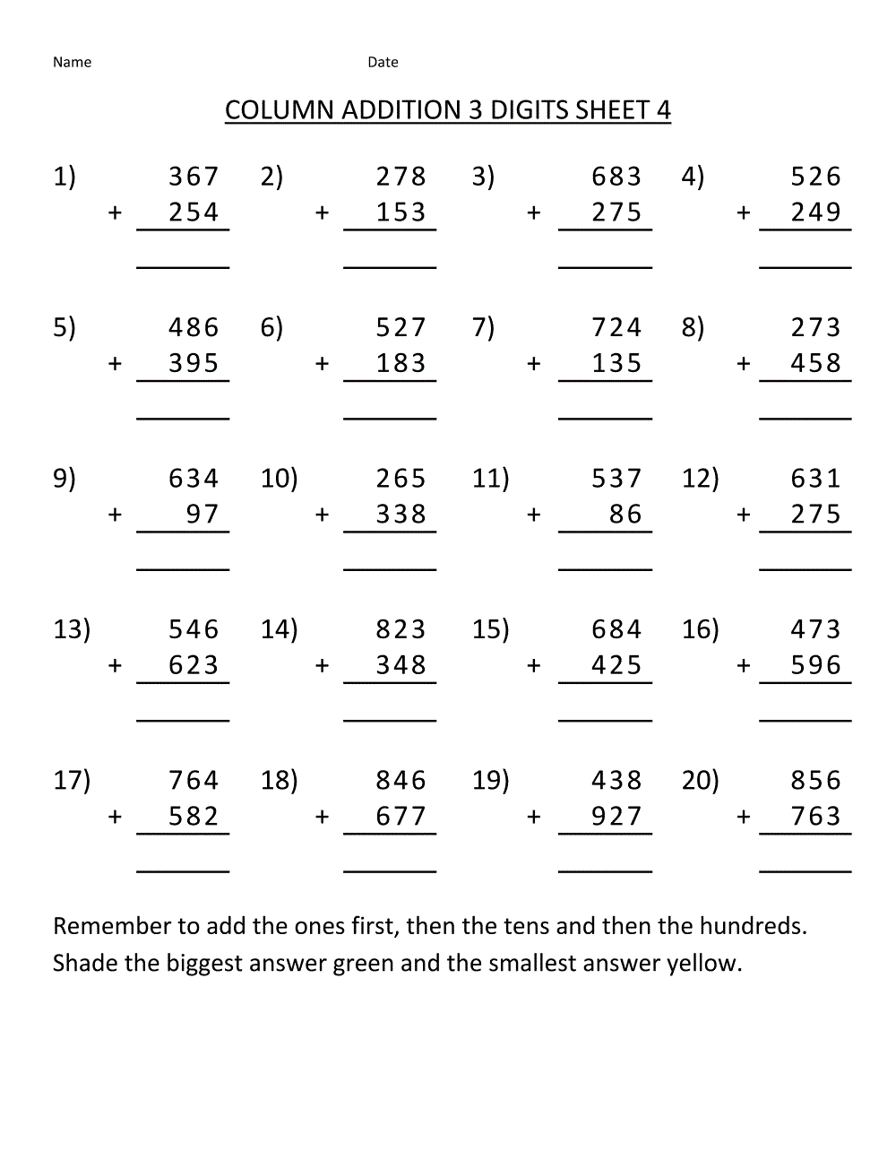 year 4 addition worksheets