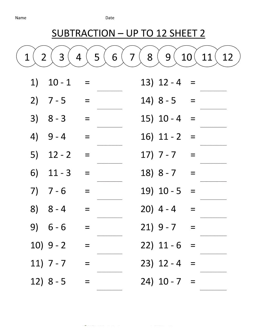 Free Math Sheets Subtraction