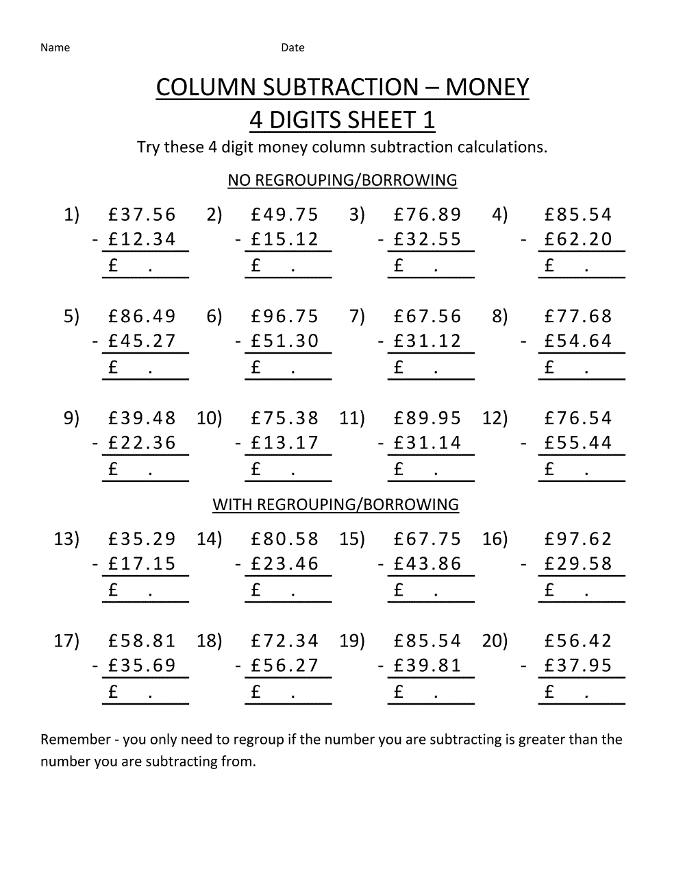 Printable Sheets Subtraction