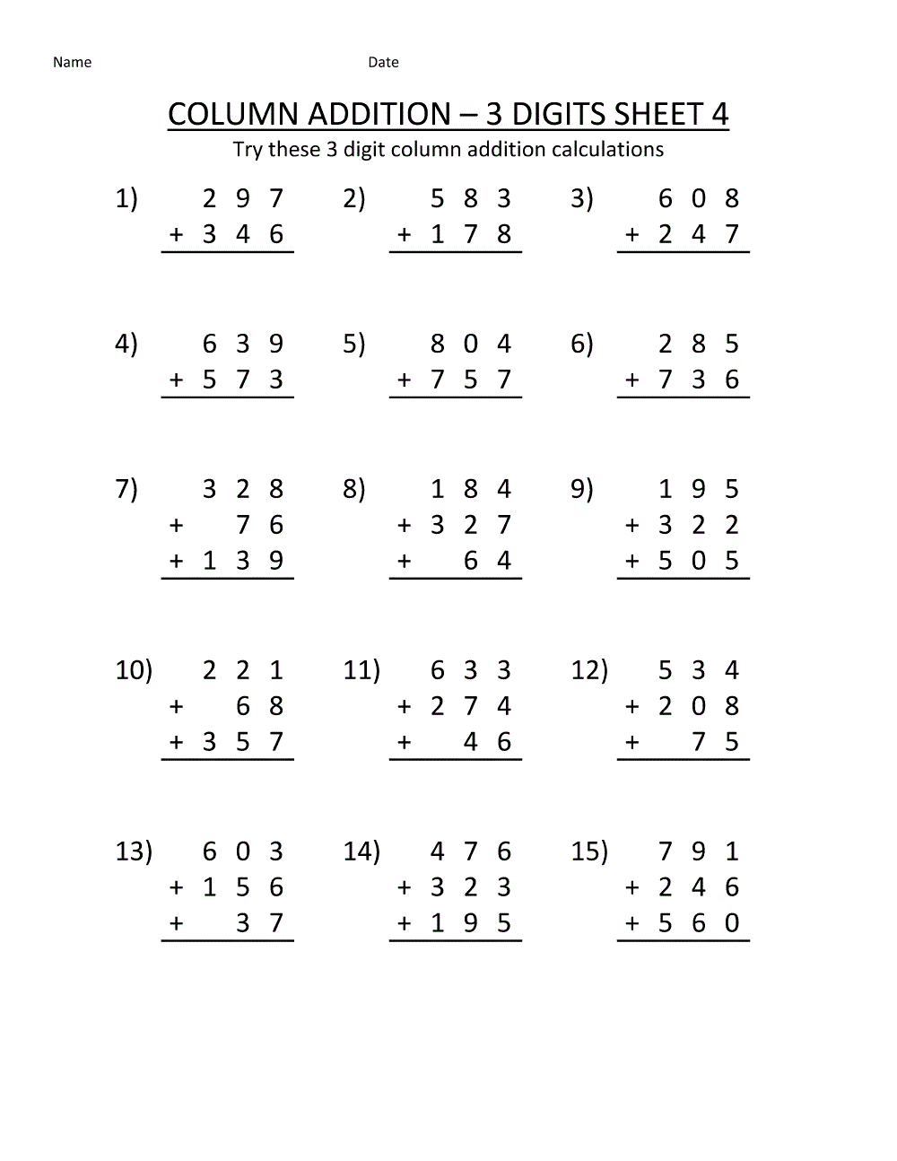 Free Addition Worksheets 2nd