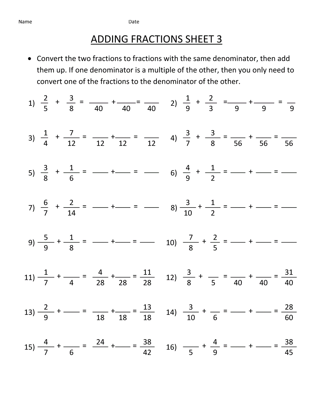 Math Fractions Worksheets Addition